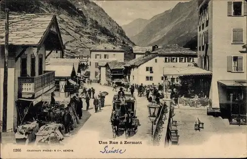 Ak Zermatt Kanton Wallis Schweiz, Straßenpartie, Kutsche