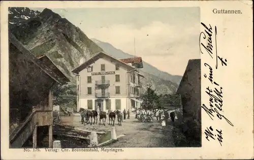 Ak Guttannen Kanton Bern, Hotel Haslital, Straßenpartie, Pferde
