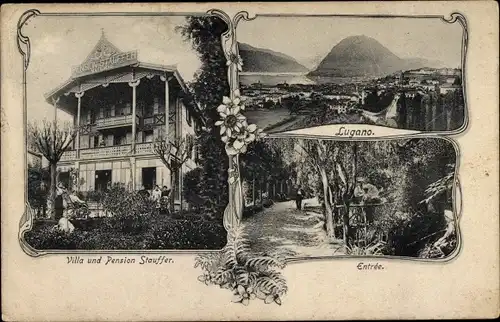 Ak Lugano Kanton Tessin Schweiz, Hotel und Pension Stauffer, Panorama