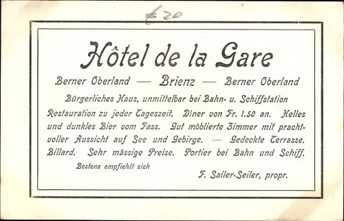 Ak Brienz Kanton Bern, Hotel de la Gare, Restaurant