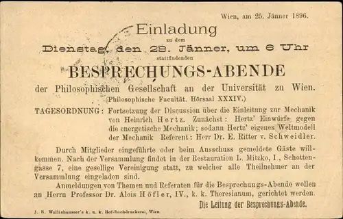 Ganzsachen Ak Wien 1 Innere Stadt, Philosophische Gesellschaft der Universität, Besprechungsabend