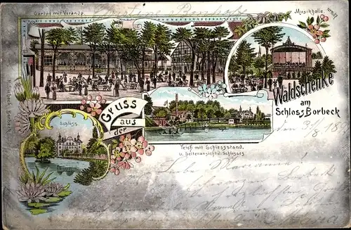 Litho Borbeck Essen im Ruhrgebiet, Waldschenke am Schloss, Teich mit Schießstand