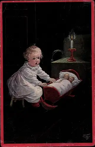 Künstler Ak Fialkowska, Mädchen hat seine Puppen in die Wiege gelegt, Kerze, Wohlgemuth 1184