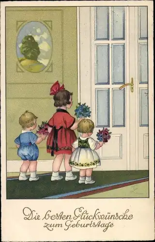 Künstler Ak Lindeberg, C., Glückwunsch Geburtstag, Drei Kinder mit Blumensträußen vor einer Tür