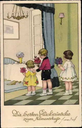 Künstler Ak Lindeberg, C., Glückwunsch Namenstag, Drei Kinder mit Blumensträußen