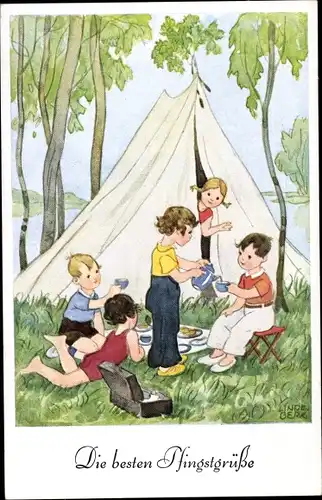 Künstler Ak Lindeberg, C., Glückwunsch Pfingsten, Kinder vor einem Zelt