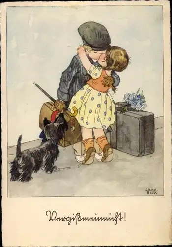 Künstler Ak Lindeberg, Vergissmeinnicht, küssendes Paar, Koffer, Hund