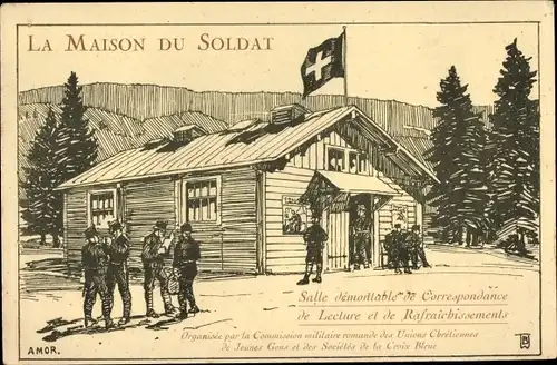 Künstler Ak La Maison du Soldat, Salle demontable de Correspondance, Croix Bleue, Schweizer Armee