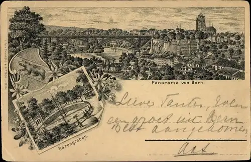 Litho Bern Stadt Schweiz, Bärengraben, Panorama der Stadt