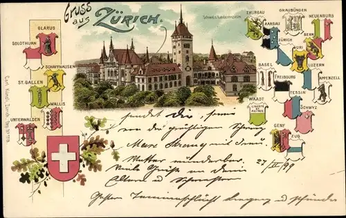 Wappen Litho Zürich Stadt Schweiz, Landesmuseum, Wappen der Kantone