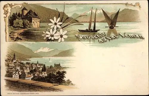 Litho Chillon Lac Léman Kt. Waadt Schweiz, Chateau, Stadtansicht