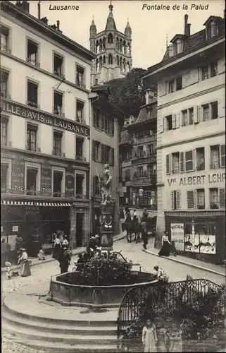 Ak Lausanne Kanton Waadt, Fontaine de la Palud, Brunne, Straßenpartie