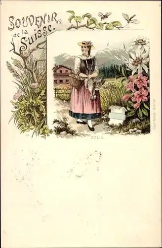 Litho Kanton Zug, Souvenir de la Suisse, Frau in Tracht, Edelweiß