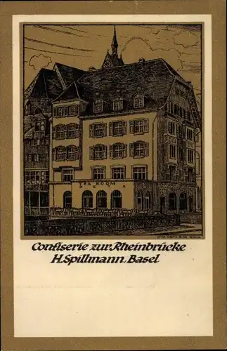 Künstler Ak Bâle Basel Stadt Schweiz, Confiserie zur Rheinbrücke