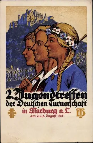 Künstler Ak Marburg an der Lahn, 2. Jugendtreffen d. Dt. Turnerschaft 1924, Jahnkreuz