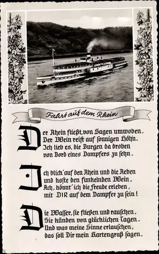 Ak Fahrt auf dem Rhein, Rheindampfer in Fahrt, Der Rhein fließt, von Sagen umwoben