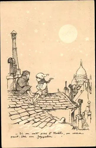 Künstler Ak Poulbot, Francisque, Zwei Kinder auf einem Dach warten auf Zeppelin