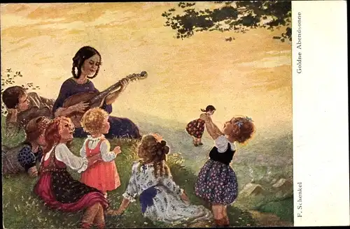 Künstler Ak Schenkel, Franziska, Goldne Abendsonne, Kinder, Puppe