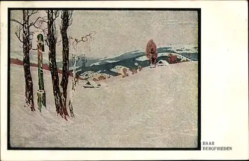 Künstler Ak Baar, Bergfrieden, Winterlandschaft, Kruzifix
