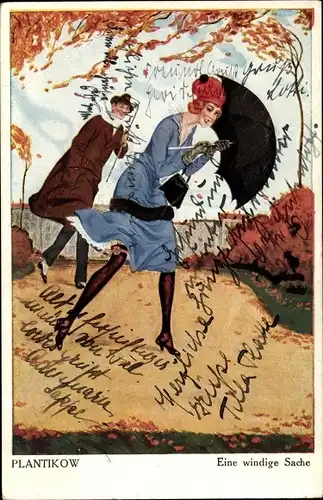 Künstler Ak Plantikow, Eine windige Sache, Paar beim Spaziergang im Herbststurm, Schirm