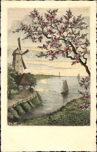 Künstler Ak Landschaftsmotiv mit Windmühle, Baumblüte, Segelboote