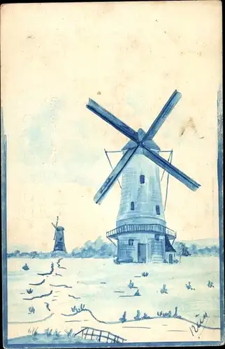 Künstler Ak Landschaftsmotiv mit Windmühlen