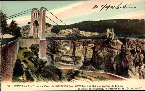 Ak Constantine Algerien, La Passerelle Sidi M'Cid, au-dessus du Rhummel, Brücke, Felsen, Schlucht