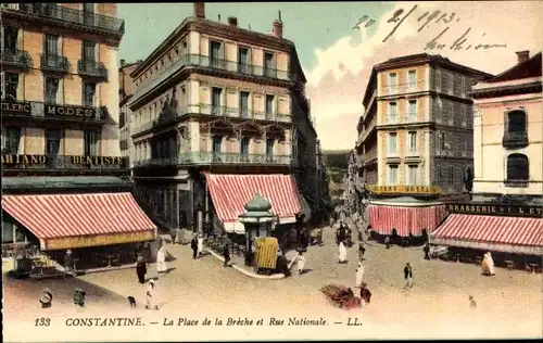 Ak Constantine Algerien, La Place de la Breche et Rue Nationale, Platz, Cafe, Grand Hotel