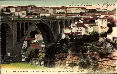 Ak Constantine Algerien, le Pont Sidi-Rached, Quartier du Condiat, Brücke, Felsen, Stadtansicht