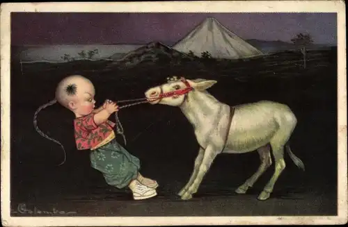 Künstler Ak Colombo, E., Junge und sturer Esel