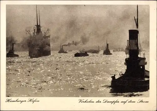 Ak Hamburg Mitte Altstadt, Verholen der Dampfer auf dem Strom