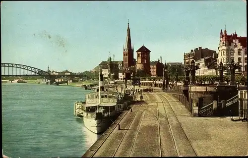 Ak Düsseldorf am Rhein, Rheinufer, Brücke, Schiff