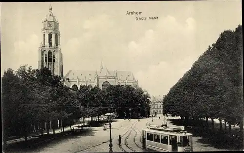 Ak Arnhem Gelderland Niederlande, Groote Markt, Straßenbahn