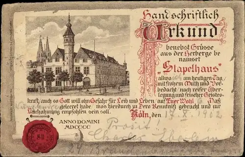 Litho Köln am Rhein, Urkunde, Herberge Stapelhaus