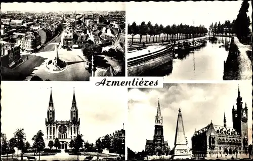 Ak Armentières Nord, Vue generale, Le canal, Eglise Notre Dame  L´Hotel de Ville