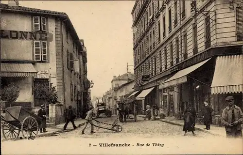 Ak Villefranche sur Saône Rhône, Rue de Thizy, Kutsche, Geschäfte