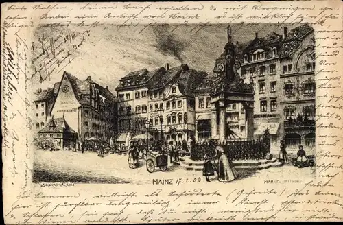 Künstler Ak Mainz am Rhein, Marktleben, Brunnen