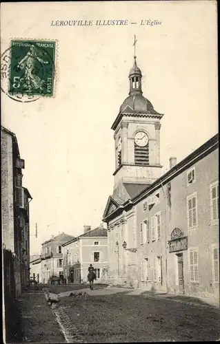 Ak Lerouville Lothringen Meuse, L'Eglise, Kirche, Straßenansicht, Reiter