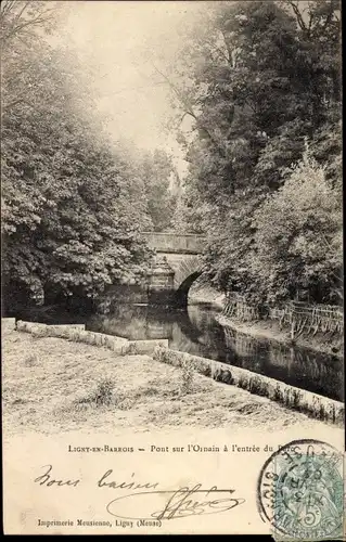 Ak Ligny en Barrois Meuse, Pont sur l Ornain a l entree du Parc, Teich, Brücke, Parkeingang