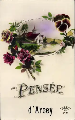 Ak Arcey Doubs, Une Pensee, See, Kirche, Blumen