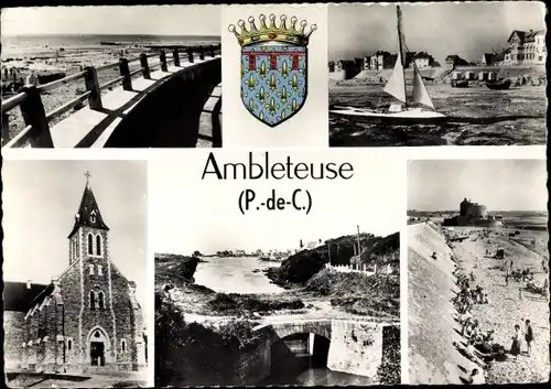 Ak Ambleteuse Pas de Calais, Strandansichten, Kirche, Meer, Wappen