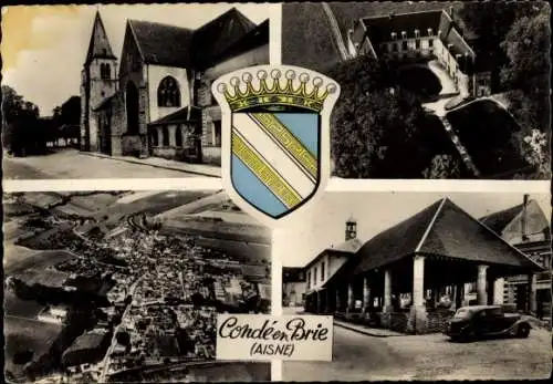 Ak Condé en Brie Aisne, Ortsansicht, Kirche, Gebäude, Schloss, Wappen