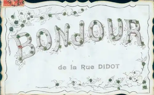 Glitzer Buchstaben Ak Paris XIV Bonjour de la Rue Didot, Schriftzug