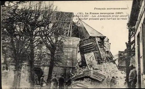 Ak Beaulieu Maine-et-Loire, clocher, ruines, Kriegszerstörung I. WK