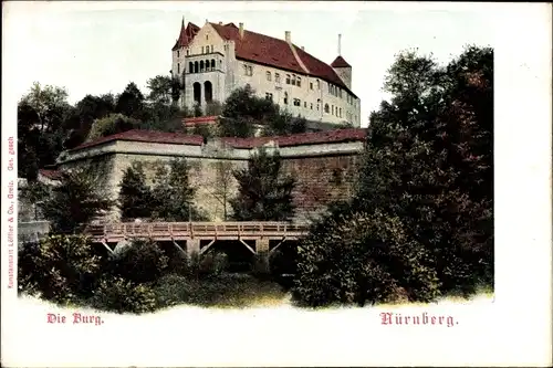 Ak Nürnberg in Mittelfranken Bayern, Die Burg, Außenansicht m. Brücke