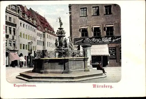 Ak Nürnberg in Mittelfranken Bayern, Tugendbrunnen, Jockey Club