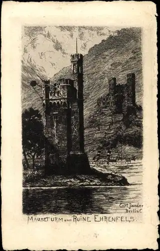 Ak Rüdesheim am Rhein, Ehrenfels, Ruine Ehrenfels und Mäuseturm