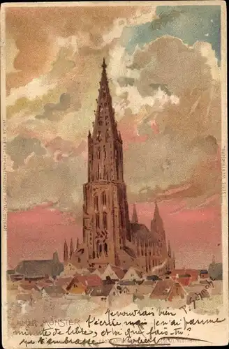 Künstler Litho Schmohl, P., Ulm an der Donau, Stadtblick mit Münster