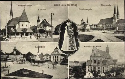 Ak Altötting in Oberbayern, Rathaus, Gnadenkapelle, Pfarrkirche, Kapellplatz, Basilika St. Anna