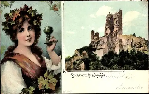 Ak Königswinter am Rhein, Drachenfels, Burg, Frau mit Weinglas